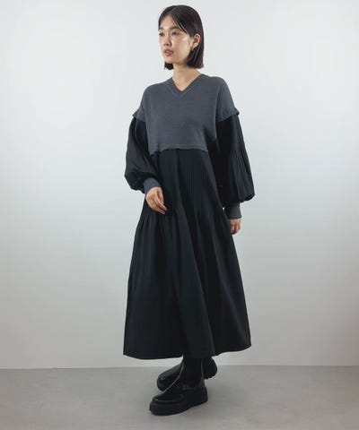 Gready BrilliantVネックニット×プリーツワンピースSET | SEKIMIKI Online