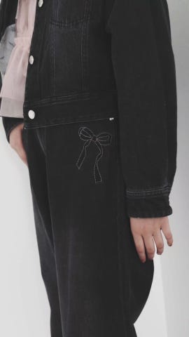 メゾピアノ 黒デニム セットアップ 140cm リボン刺しゅうデニムジャケット(S(140cm) ライト ブルー