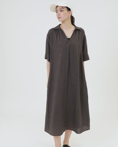 Loro Piana リネン100% シャツワンピース 半袖 グリーン　上質 size SHORTあり］リネン シャツ ワンピース