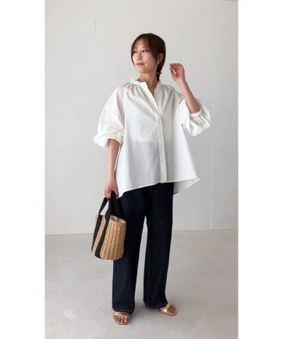 quaranciel:〈洗濯機可能〉REPREVE バンドカラー ギャザー パフ シャツ