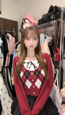 チェック柄フロントオープンリボンニットトップス[ru1374