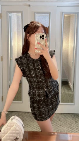 ツイードチェックベスト×プリーツスカートセットアップ[dk1279