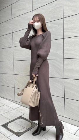 ボリュームスリーブリブニットフレアワンピース[rut876] | レディース