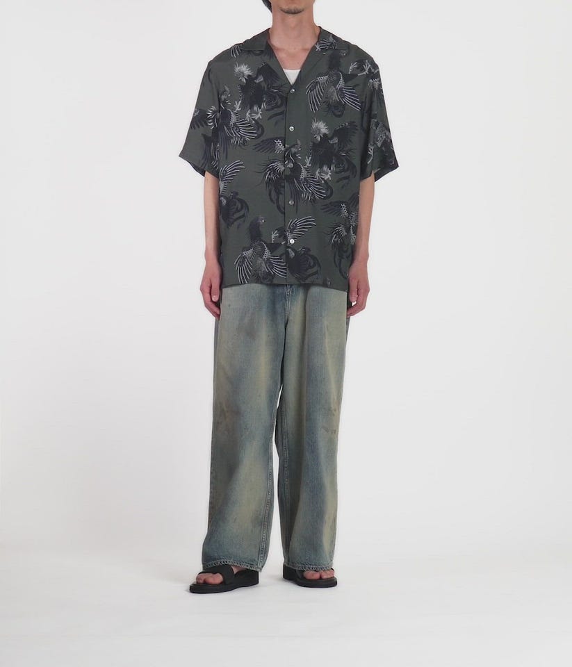 別注 RAYON SHORT SLEEVE ALOHA SHIRT COCK FIGHTING MONOTONE
