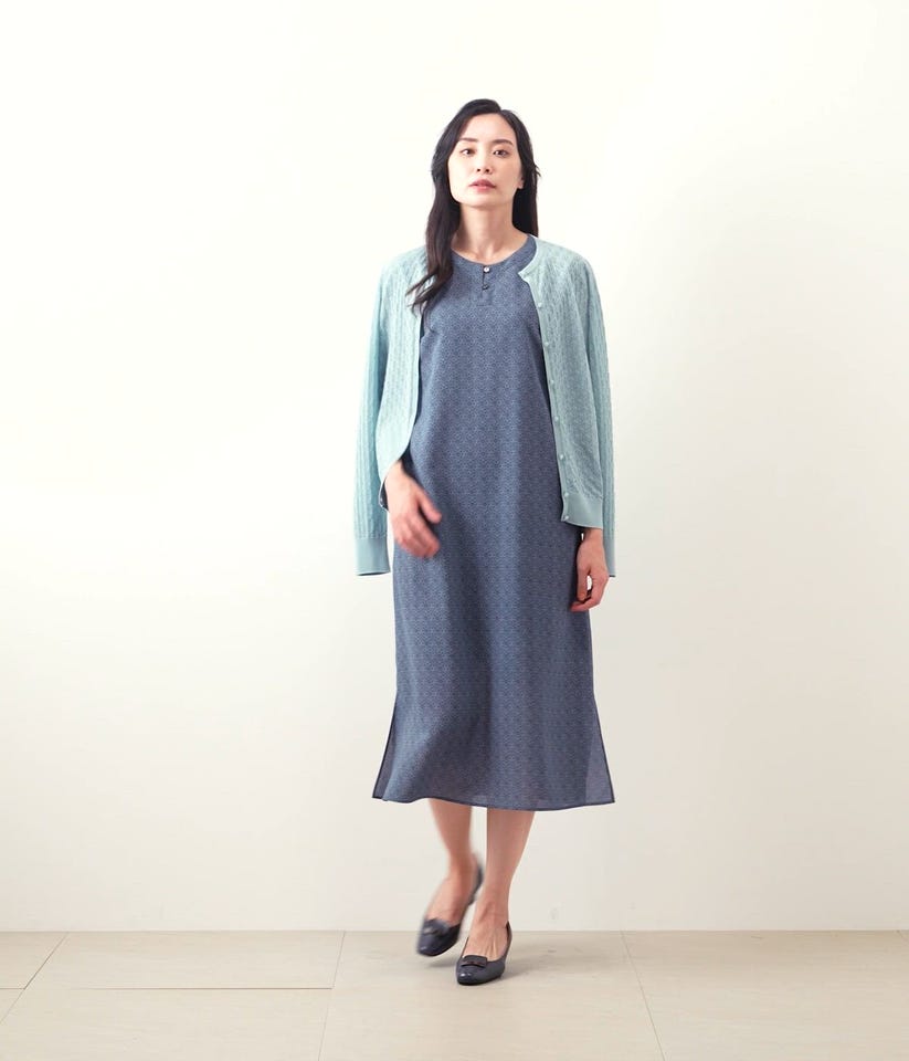 L】インディゴライクプリント キーネックノースリーブワンピース