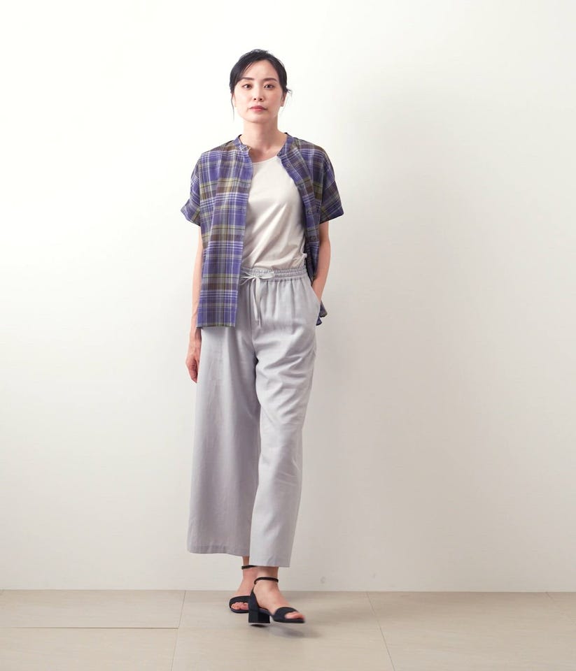 リネン混マドラスチェック ドルマンスリーブブラウス(51655263-2025