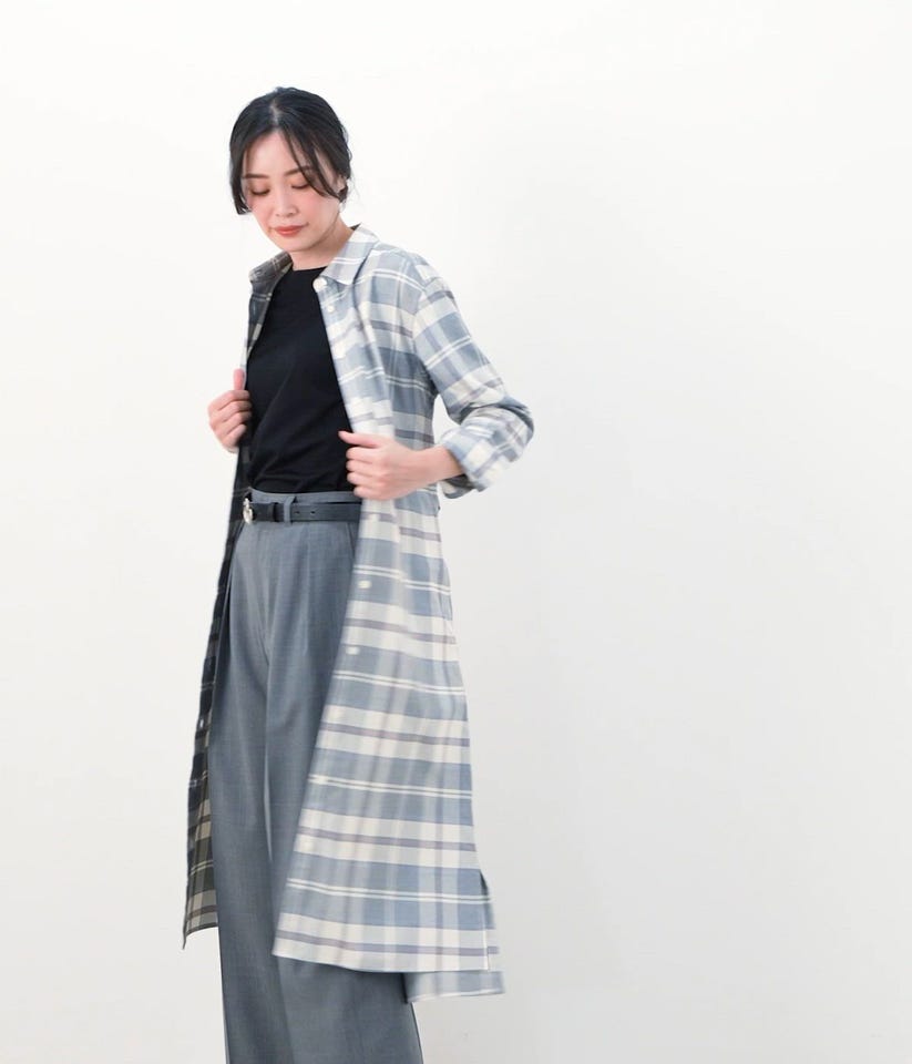 極美品ニューヨーカー　大きいサイズ 15号　柄入りお洒落なワンピース L】タイルアートニューヨーカータータン シャツワンピース(54415204