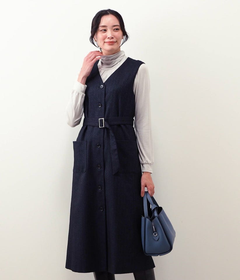 L】【ストレッチ】デニム調メランジストライプ Vネックジャンパー