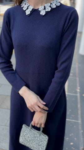 フラワーモチーフ 襟付き ニット ワンピース