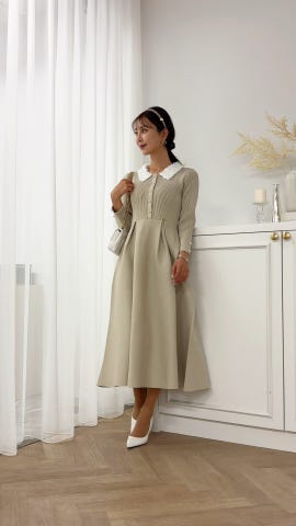 NEW-SALE フラワー 襟付き ニット ワンピース le reve vaniller 全5色